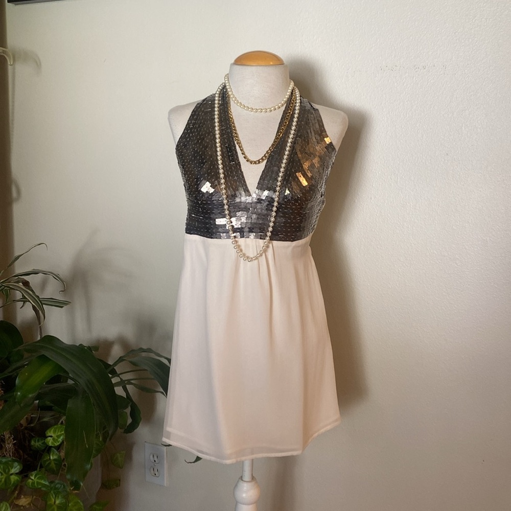 Sheri Dodell Silk Silver Sequins Cocktail Dress